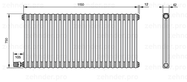 Схема (чертеж) Радиатор Zehnder Charleston 2075/25 №V003 Белый глянцевый RAL 9016